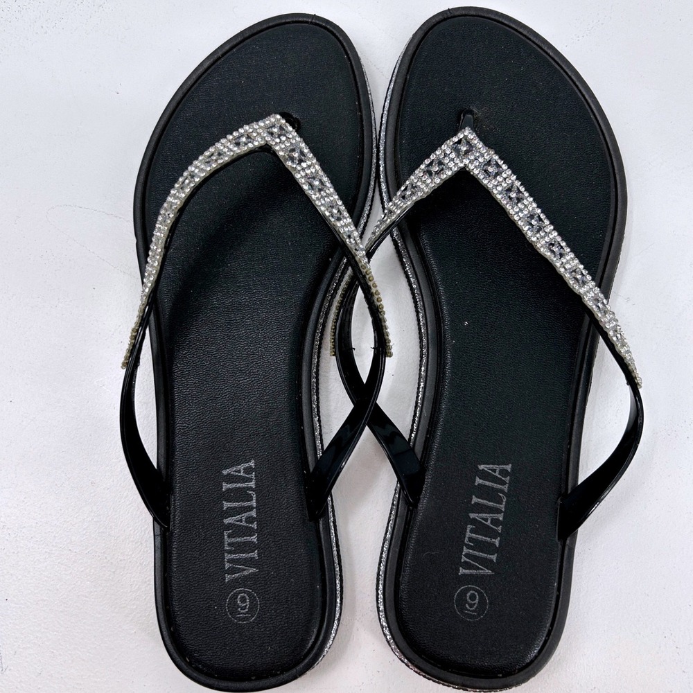 Vitalia Womens Black Rhinestone Thong Flip Flop Sandals Glitter Trim Size 9